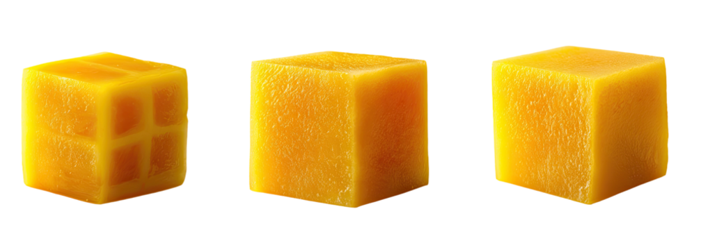 Three vibrant,?faceted?cubes of?a?bright?orange?food