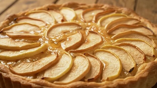 An apple tart with sliced apples arranged in a spiral pattern glazed and sitting on a wooden surface