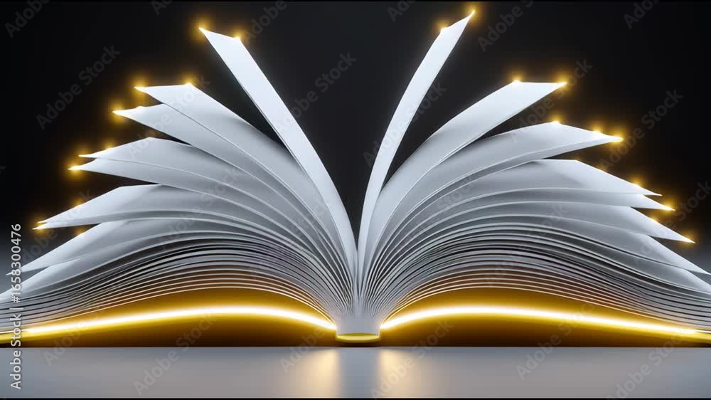 Poster exploring the magic of an open book with luminous pages in a darkened space