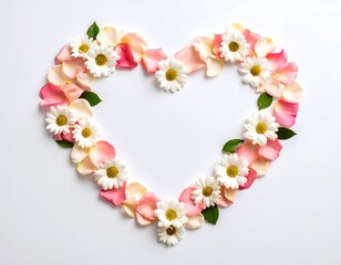 Obraz premium Delicate heart shape arrangement of daisy flowers and rose petals on white background