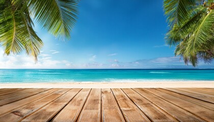wooden deck table surface with palm tree leaves and tropical beach ocean background product display mockup summer vacation and tropical paradise concept image for product showcase banner poster