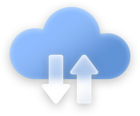 Cloud storage button and icon elements, glassmorphic transparent and glossy style for ui ux application design.