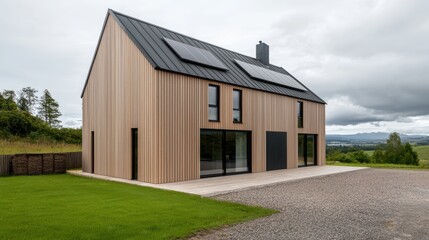 Modern Wooden House with Solar Panels and Scenic Landscape View
