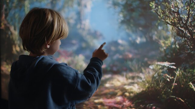 Child exploring interactive forest display, virtual reality experience, immersive art exhibit, sensory play area - Powered by Adobe
