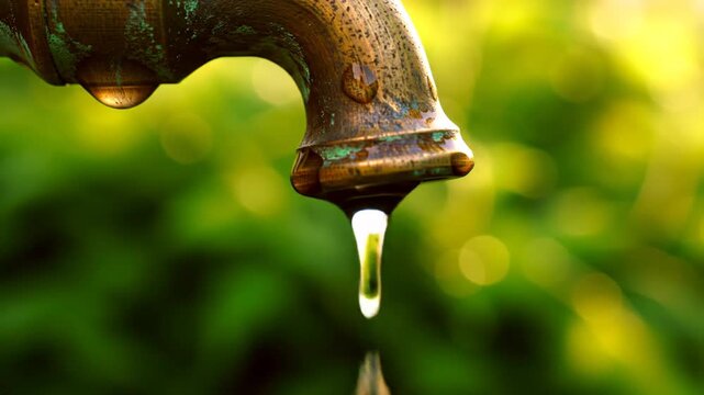 Dripping Tap With Clear Water Droplets Against Greenery Background in Warm Outdoor Lighting