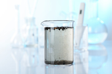Glass beaker with dirty water, other glassware and digital pH meter on mirror surface, closeup