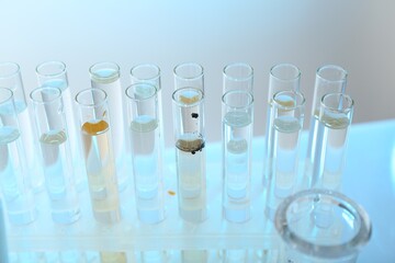 Glass test tubes with clean and dirty water on table, closeup