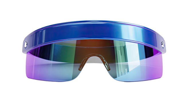 Futuristic, vibrant, visor-style sunglasses,  blue and purple,  glossy finish