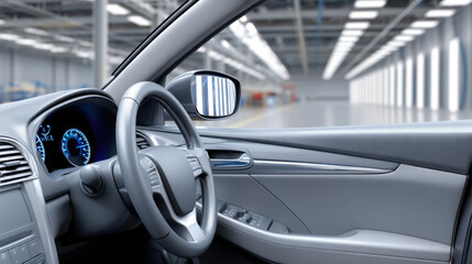 Modern car interior with steering wheel, dashboard, and digital display in bright, spacious garage, conveying clean and futuristic feel