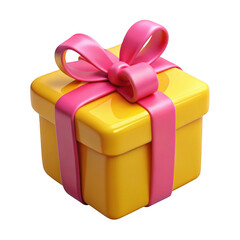 3d festive yellow gift box with pink ribbon and bow detailed realistic render transparent background