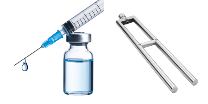 Close Up Of A Syringe Injecting Into A Transparent Bottle With Blue Liquid And a Silver Instrument On A Transparent Background - Powered by Adobe