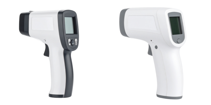 Two Infrared Thermometers On Transparent Background Displaying Digital Readouts Of Temperature Measurement
