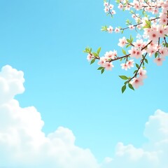 Pink cherry blossoms bloom on a branch against a clear blue spring sky