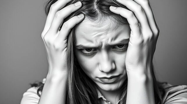 Young woman with worried expression holding head hands close up in black and white.