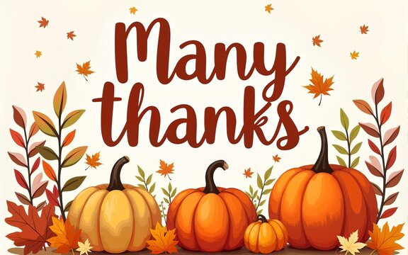 Many Thanks. Harvest. Greeting card for Thanksgiving Day. Autumn botanical illustration. High quality
