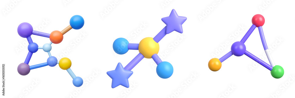 Poster abstract geometric shapes collection with colorful spheres stars and lines on transparent background