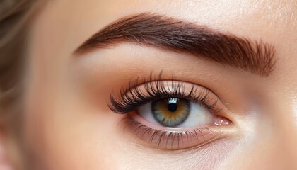 Obraz premium Close-up macro shot of woman eye, featuring flawless natural makeup. Perfect brows frame expressive green-hazel eyes with long, rich lashes. Soft lighting creates subtle highlights on high
