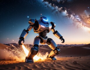Fototapeta premium Futuristic battle mech robot in desert under starry sky with sparks