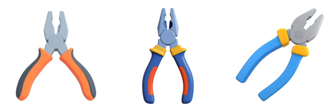 Three Pliers In Different Colors On Transparent Background With Orange Blue and Yellow Grips Displaying Close Up Details - Powered by Adobe