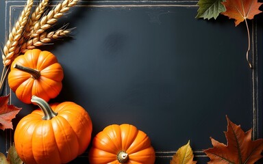 Fall chalkboard background with pumpkins, leaves and wheat. High quality