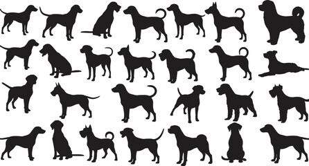 Dog breed silhouette vector set, 25 pet icons, domestic animal shapes, canine poses, purebred outlines, black and white animal art