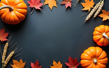 Fall chalkboard background with pumpkins, leaves and wheat. High quality