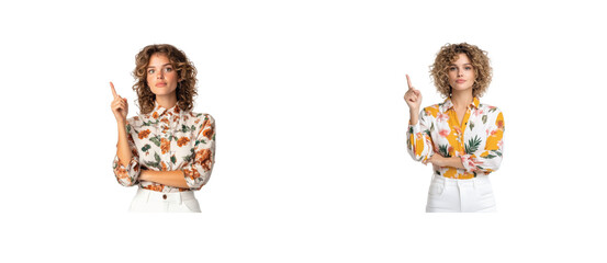 Woman with curly hair pointing upward in vibrant floral shirt on white
