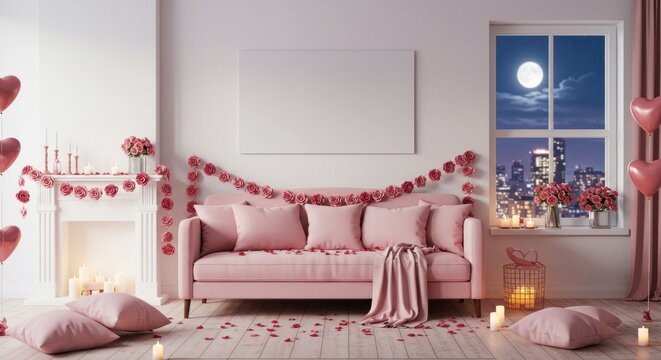 Pink sofa in room decorated with hearts, roses, and candles, full moon outside the window