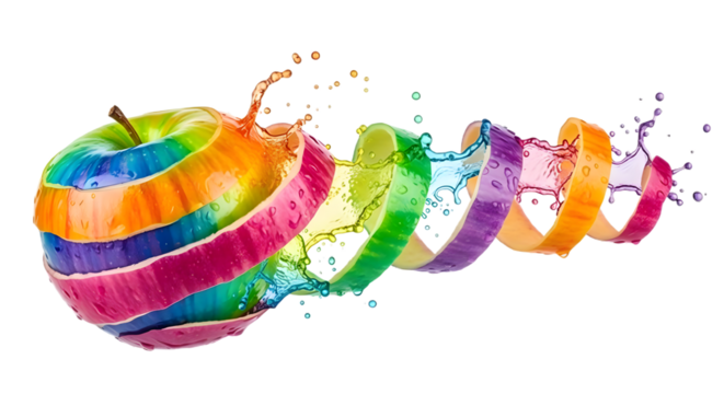 Rainbow apple peeling in a spiral with the background removed