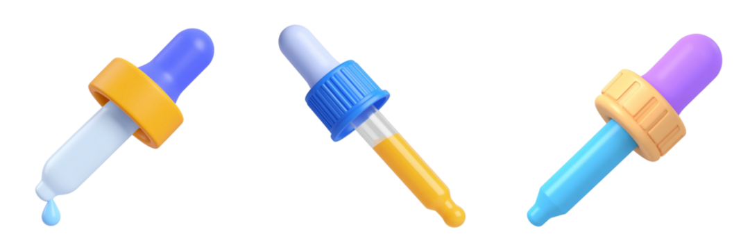 Three Colorful Pipettes With Transparent Background Showcasing Liquid Measurement And Scientific Research Concepts