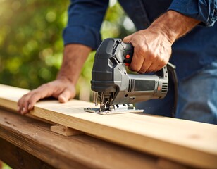 Craftsman shapes wood with jigsaw in outdoor carpentry project skillfully