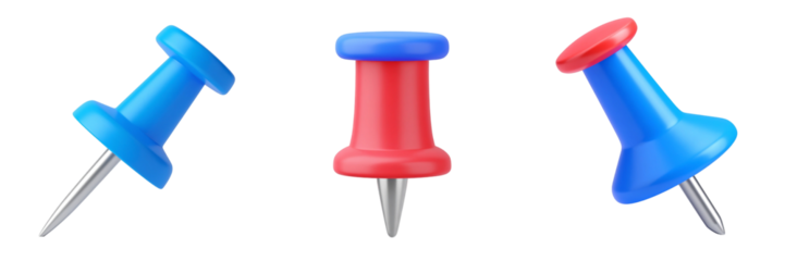 Three Pushpins In Different Colors On Transparent Background