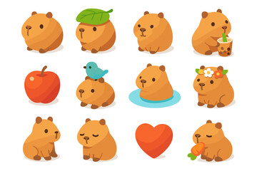 Cute capybara set with various poses and accessories in flat design