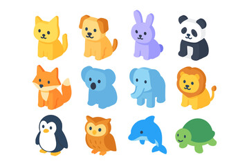 Obraz premium Adorable isometric cartoon animal set: cute pets and wildlife collection