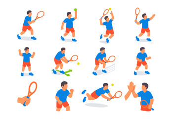 Diverse tennis poses in isometric style for sports design