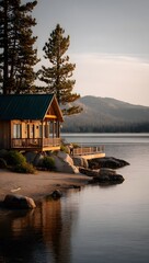 Obraz premium A serene cabin nestled on the tranquil shore of a lake, surrounded by towering pine trees and majestic mountains in the backdrop