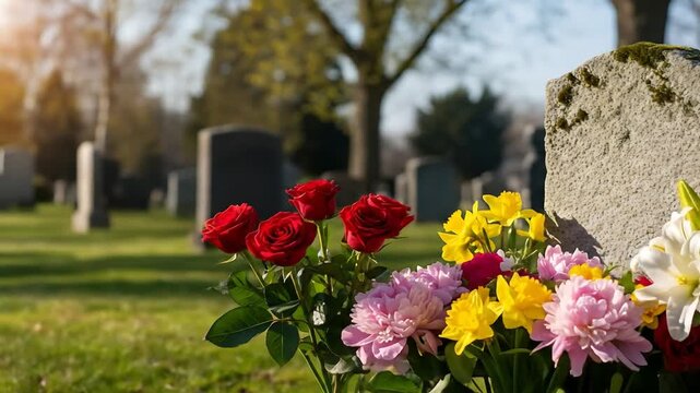 Fresh flowers placed on grave headstone in peaceful cemetery remembrance scene.