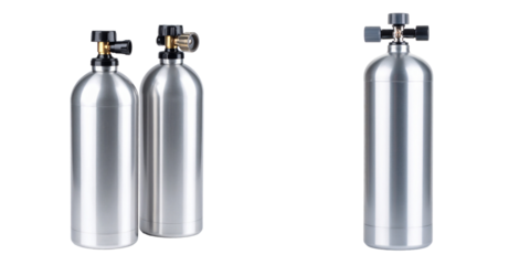 Metallic Cylinders With Valves Isolated On Transparent Background Representing Industrial Pressure Storage