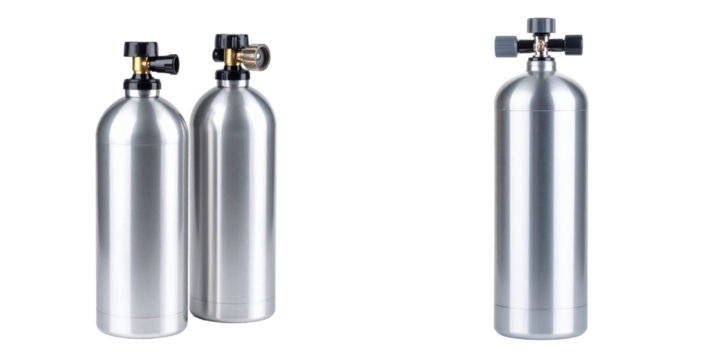 Metallic Cylinders With Valves Isolated On Transparent Background Representing Industrial Pressure Storage