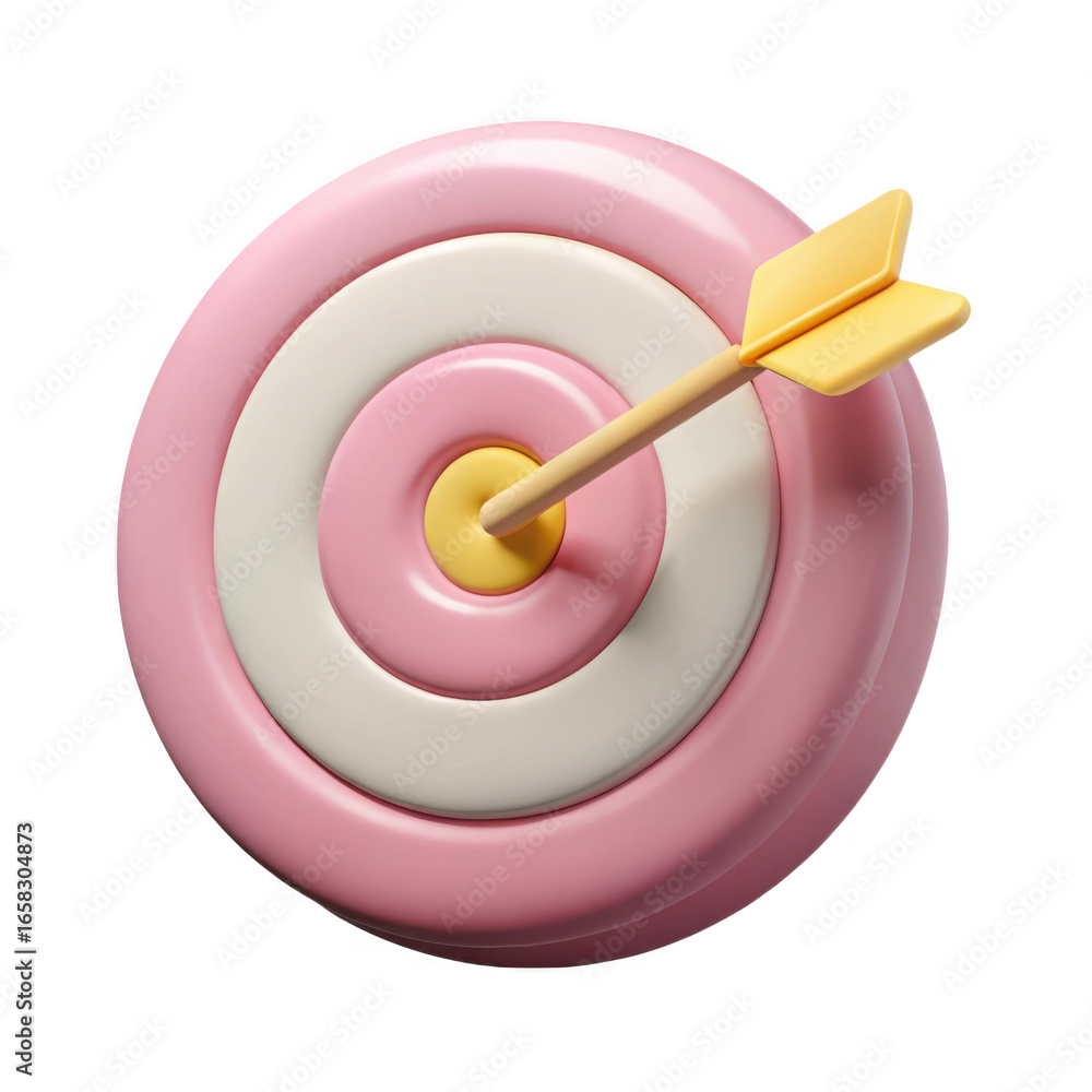 Poster 3d rendered pink and yellow target with arrow isolated on transparent background
