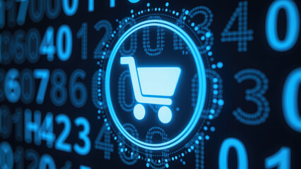 Digital shopping cart icon glowing against backdrop of binary numbers, representing online commerce and technology