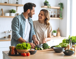 A cheerful couple preparing a healthy meal together in their kitchen, filled with fresh ingredients and smiles
