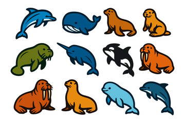 Colorful aquatic animal icons featuring seals, walruses, and dolphins