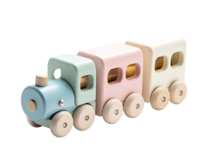 A pastel-colored wooden train toy, featuring a light teal engine and two pastel pink and cream-colored carriages