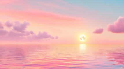 Obraz premium Full moon illuminates soft ocean ripples under a pink sunset, capturing the essence of a quiet evening