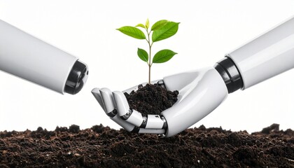A futuristic robotic hand gently holds a small green plant growing in soil, symbolizing the harmony between technology and nature. white background