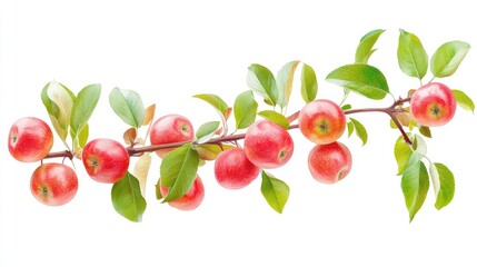 Obraz premium Isolated branch of red apples and fresh green leaves on white, ideal for seasonal, natural, or health themes