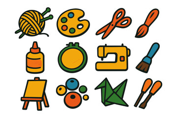 Colorful crafting icons set: yarn, paint, scissors, sewing machine, origami