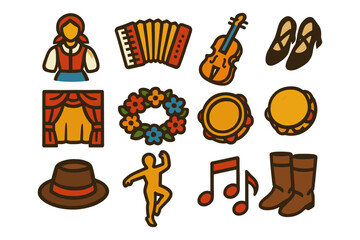 Traditional folk music and dance icons in flat style