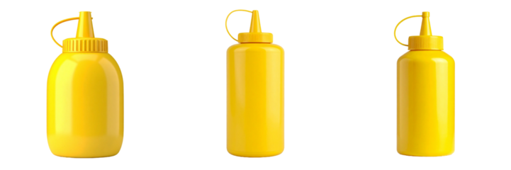 Three Yellow Mustard Bottles on Transparent Background Displaying Condiment Packaging and Kitchen Utensil Design